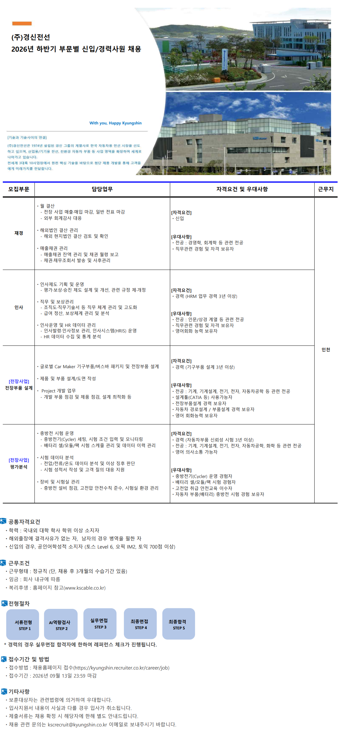 경신전선 (주)경신전선 2026년 하반기 부문별 신입/경력사원 채용 채용공고